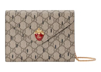 Pre-owned Gucci Women's  Double G Strawberry Bag Mini Gg Supreme In Beige/ebony