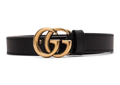 Pre-owned Gucci Women's  Double G Thin Leather Belt Antique Brass Buckle 0.8 Width In Black