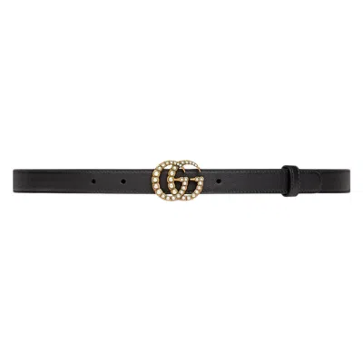 Pre-owned Gucci Women's  Double G Thin Leather Belt Pearl Buckle 0.8 Width In Black