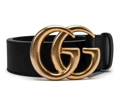 Pre-owned Gucci Women's  Double G Wide Leather Belt Antique Brass Buckle 1.5 Width In Black
