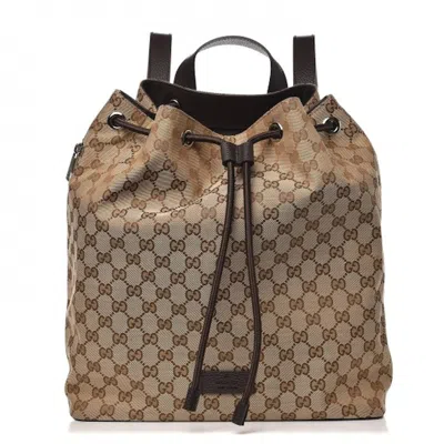 Pre-owned Gucci Women's  Drawstring Backpack Monogram Gg Beige/brown