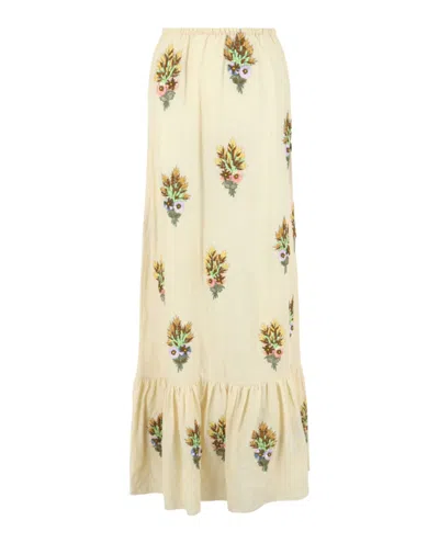Pre-owned Gucci Women's  Embroidered Linen Tiered Skirt In White