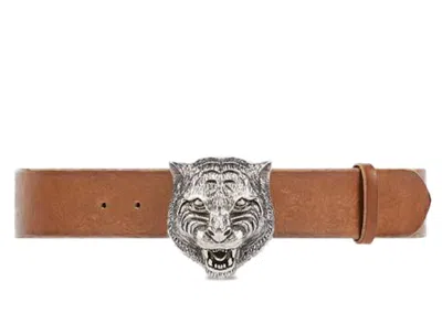 Pre-owned Gucci Women's  Feline Antique Silver Buckle Leather Belt 1.5"w In Brown