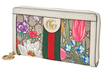 Pre-owned Gucci Women's  Flora Print Zipped Wallet In Ivory In White