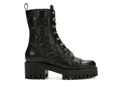 Pre-owned Gucci Women's  Gg 70mm Quilted Lace Up Boots Leather Sneakers In Black