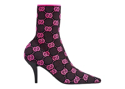 Pre-owned Gucci Women's  Gg 75mm Knit Ankle Boots Fabric Sneakers In Black/fluorescent Pink