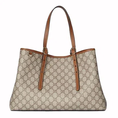 Pre-owned Gucci Women's  Gg Emblem Medium Tote Bag In Beige/dark Brown