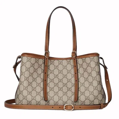 Pre-owned Gucci Women's  Gg Emblem Small Tote Bag In Beige/dark Brown