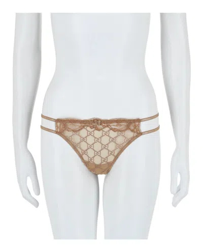 Pre-owned Gucci Women's  Gg Embroidered Tulle Bikini Briefs In Beige In Sand