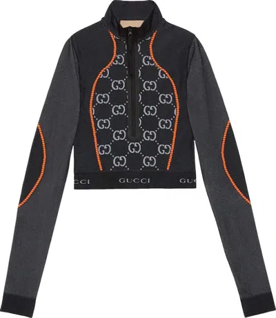 Pre-owned Gucci Women's  Gg Jersey Jacquard Cropped Top In Black/orange In Multi