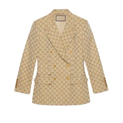 Pre-owned Gucci Women's  Gg Linen Cotton Jacquard Jacket In Beige In Sand