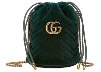Pre-owned Gucci Women's  Gg Marmont Bucket Bag Velvet Mini In Dark Green