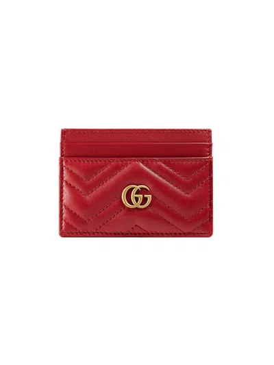 Pre-owned Gucci Women's  Gg Marmont Card Case Matelasse In Hibiscus Red