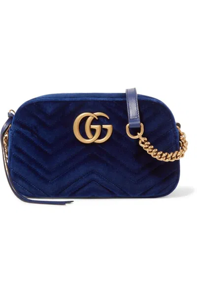 Pre-owned Gucci Women's  Gg Marmont Crossbody Matelasse Velvet Small In Cobalt Blue