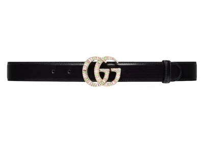 Pre-owned Gucci Women's  Gg Marmont Crystal Buckle Belt In Black