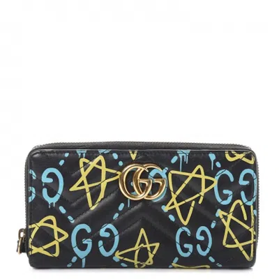 Pre-owned Gucci Women's  Gg Marmont Wallet Zip Around Matelasse Ghost In Black