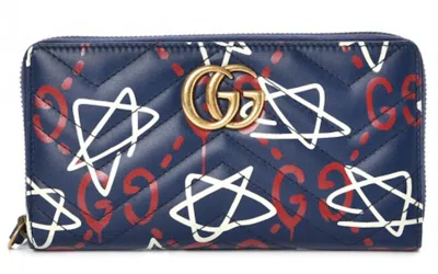 Pre-owned Gucci Women's  Gg Marmont Wallet Zip Around Matelasse Ghost In Blue