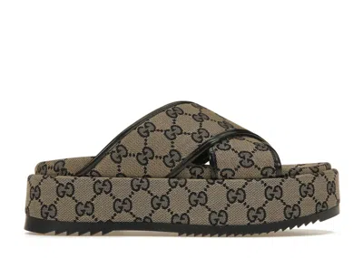 Pre-owned Gucci Women's  Gg Platform 30 Mm Sandal Canvas Sneakers In Beige/blue