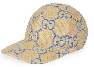 Pre-owned Gucci Women's  Gg Raffia Effect Baseball Hat In Blue/beige In Multi