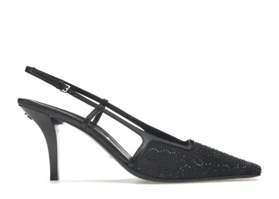 Pre-owned Gucci Women's  Gg Slingback 75mm Pump Moire Fabric Gg Crytsal Applique Sneakers In Black