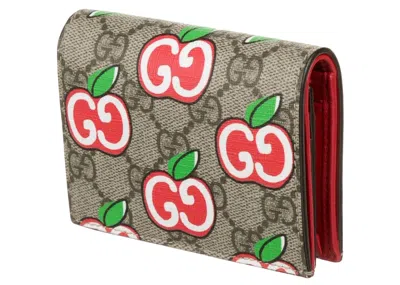 Pre-owned Gucci Women's  Gg Supreme Monogram Apple Card Case Wallet In Brown