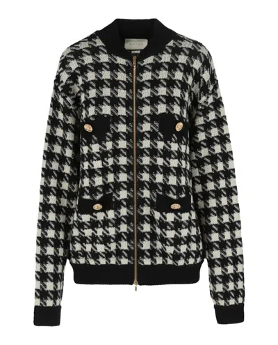 Pre-owned Gucci Women's   Houndstooth Bomber Jacket In Ivory/black