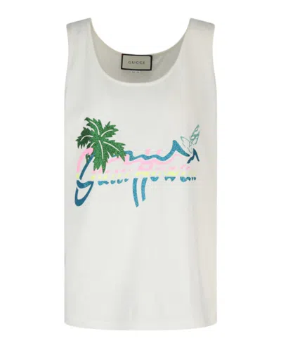 Pre-owned Gucci Women's  Hawaii Printed Tank Top In White