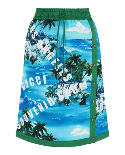 Pre-owned Gucci Women's  Hawaiian Printed Kneelength Skirtin Blue