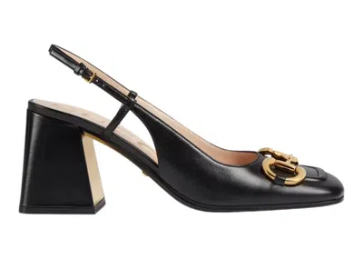 Pre-owned Gucci Women's  Horsebit 75mm Heeled Slingback Leather Sneakers In Black/gold