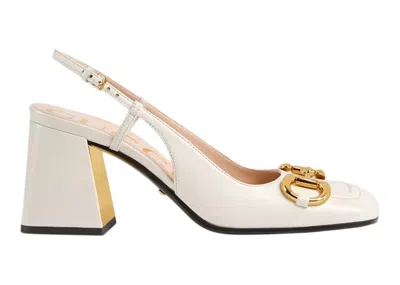 Pre-owned Gucci Women's  Horsebit 75mm Heeled Slingback Leather Sneakers In White/gold