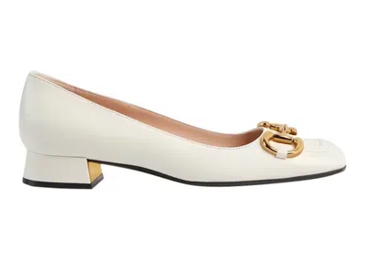 Pre-owned Gucci Women's  Horsebit Ballet Flat Leather Sneakers In White/gold In Multi