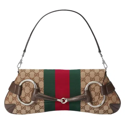 Pre-owned Gucci Women's  Horsebit Chain Medium Shoulder Bag In Beige/ebony In Multi