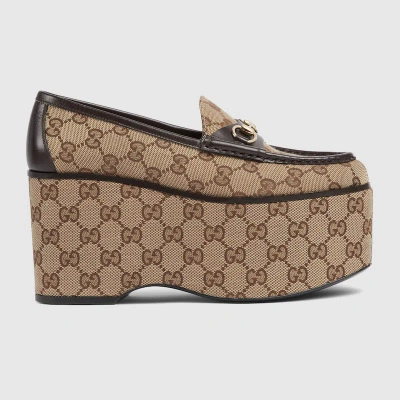 Gucci Horsebit Gg Canvas & Leather Platform Loafer In Brown