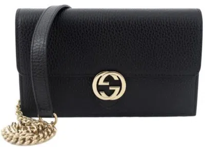 Pre-owned Gucci Women's  Interlocking Chain Wallet Pebbled Leather In Black