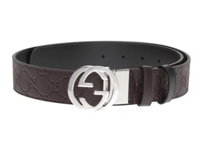 Pre-owned Gucci Women's  Interlocking G Buckle Reversible Belt In Brown Black