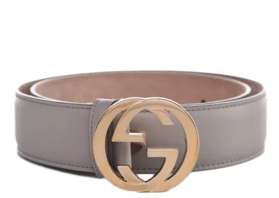 Pre-owned Gucci Women's  Interlocking G Leather Belt 1.5"w In Grey