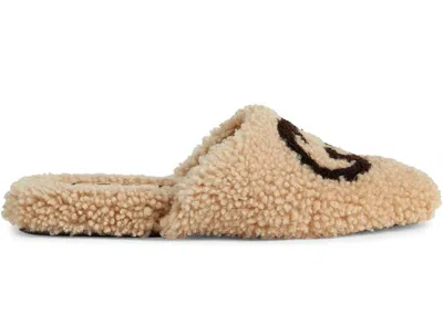 Pre-owned Gucci Women's  Interlocking G Slippers Sherling Sneakers In Beige/black