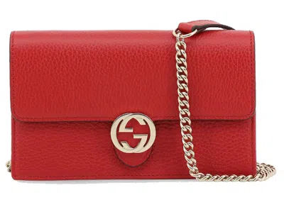 Pre-owned Gucci Women's  Interlocking Gg Crossbody Chain Wallet In Red