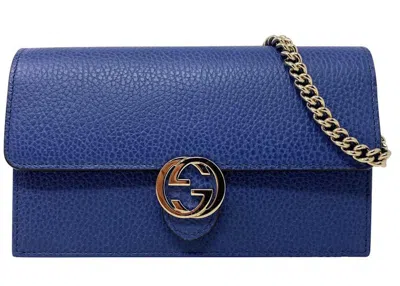 Pre-owned Gucci Women's  Interlocking Gg Wallet On Chain (18 Card Slot) In Blue