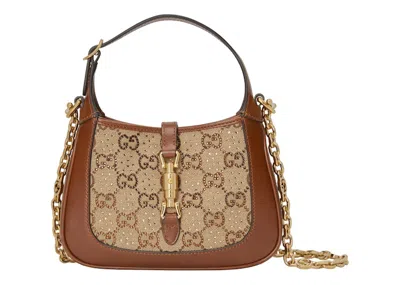 Pre-owned Gucci Women's  Jackie 1961 Crystal Gg Mini Shoulder Bag In Camel/ebony In Multi