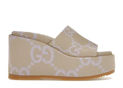 Pre-owned Gucci Women's  Jumbo Gg Platform Slide Sandal Canvas Sneakers In Beige/light Blue