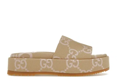 Pre-owned Gucci Women's  Jumbo Gg Platform Slide Sandal Canvas Sneakers In Beige/light Pink