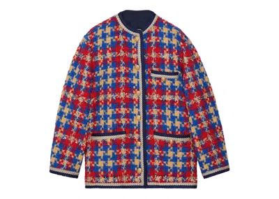 Pre-owned Gucci Women's  Lamé Check Wool Tweed Jacket In Blue Colour
