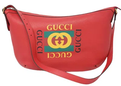 Pre-owned Gucci Women's  Logo Half Moon Hobo Shoulder Bag In Hibiscus Red