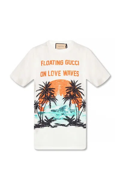 Pre-owned Gucci Women's  Love Waves Oversized T-shirt In White