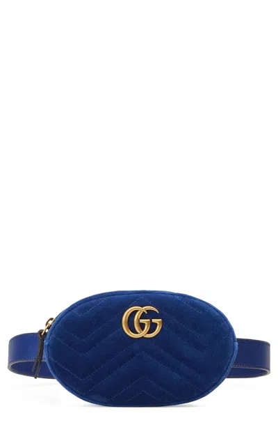 Pre-owned Gucci Women's  Marmont Belt Bag Matelasse Velvet In Cobalt Blue