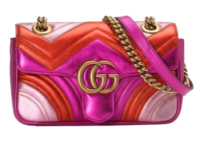 Pre-owned Gucci Women's  Marmont Matelasse Shoulder Bag Mini Gg Metallic In Red/pink In Multi
