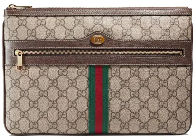 Pre-owned Gucci Women's  Ophidia Pouch Gg Supreme Large Beige/ebony In Brown