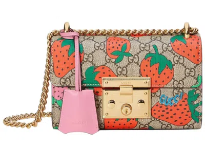 Pre-owned Gucci Women's  Padlock Shoulder Bag Gg Strawberry Small In Beige/ebony