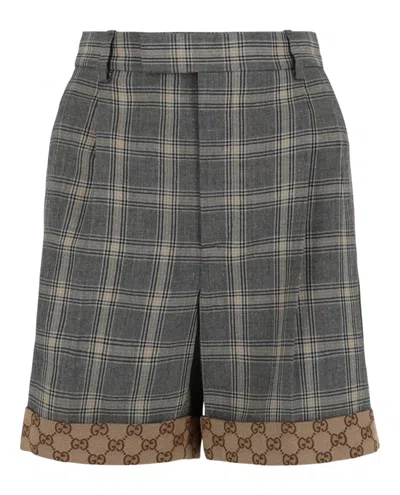 Pre-owned Gucci Women's  Plaid Printed Linen And Wool Shorts In Grey